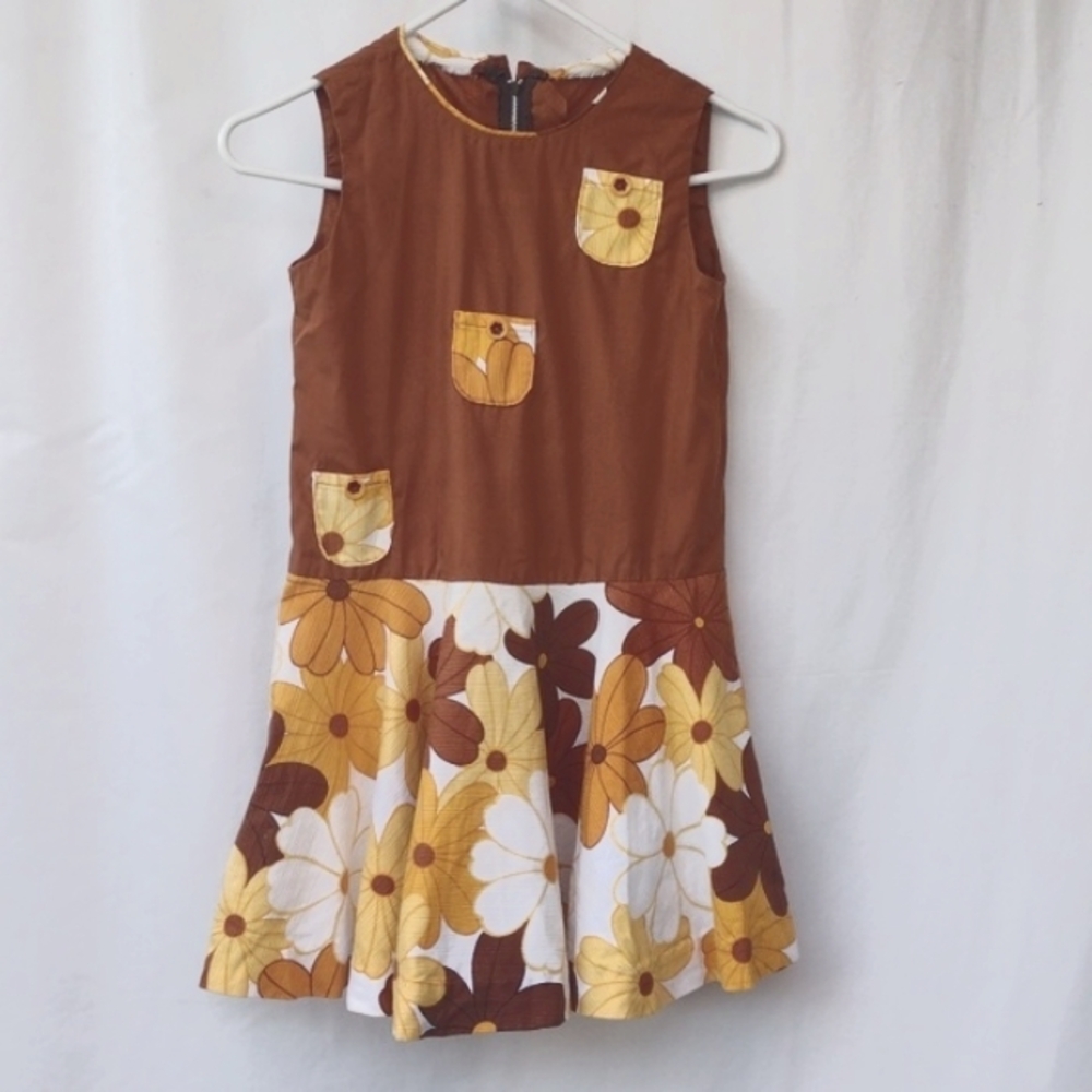 Vintage Handmade Brown Floral Sleeveless Summer Dress Girl's Medium (Size 8)